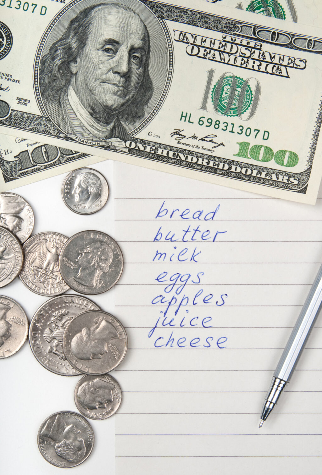 money with a grocery list
