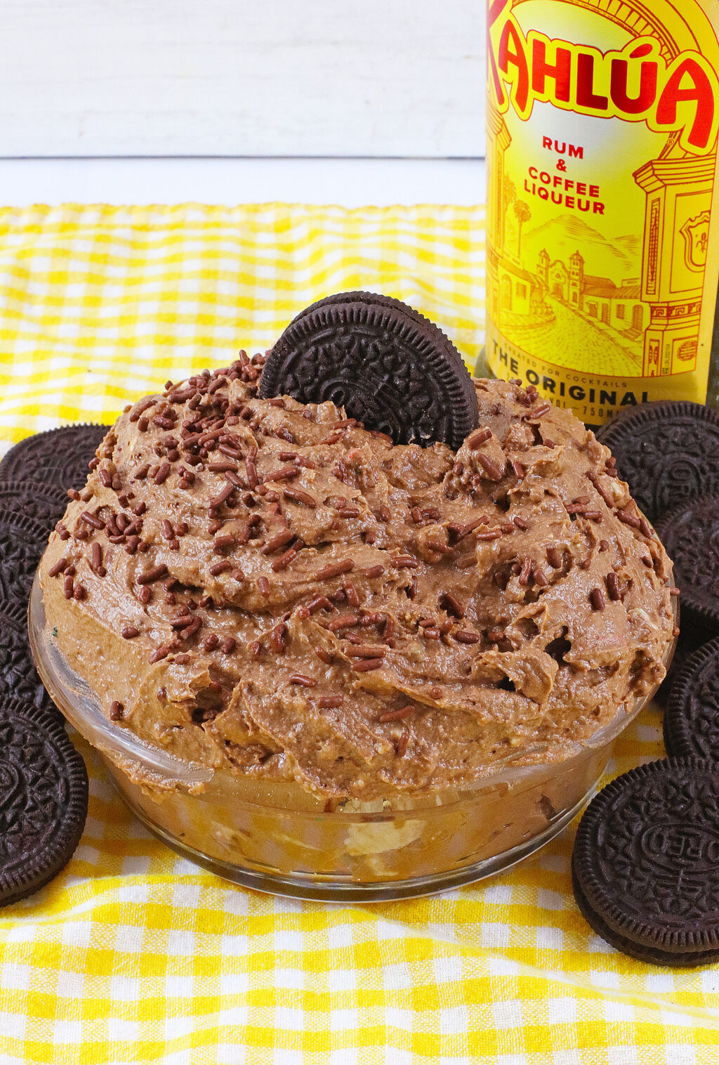 up close of chocolate Kahlua dip in clear bowl