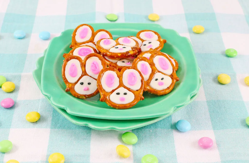 easter bunny pretzels on a table