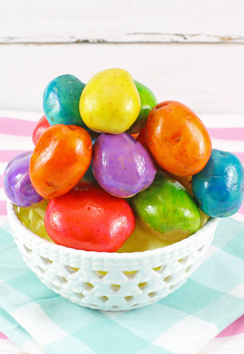 easter egg dyed potatoes in white bowl