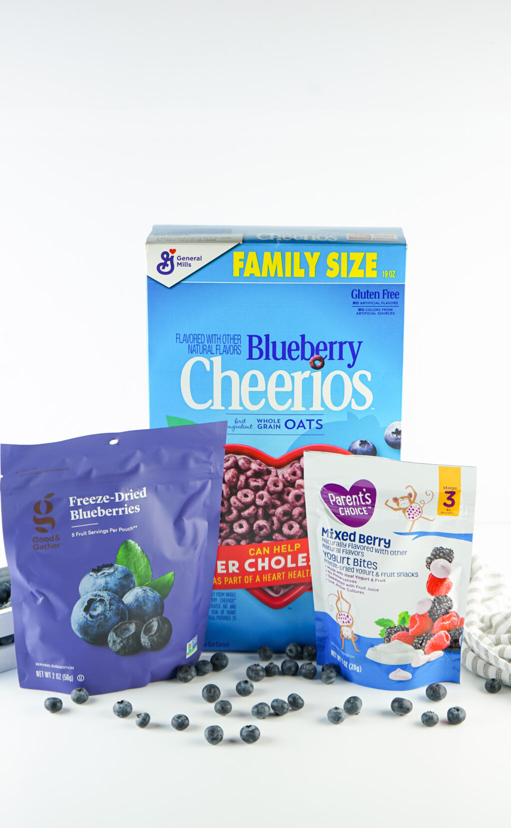 blueberry baby trail mix ingredients on white table