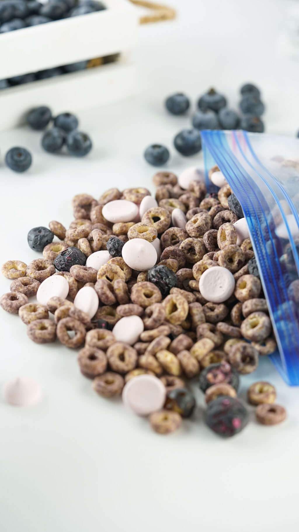 blueberry baby trail mix in open baggie on table