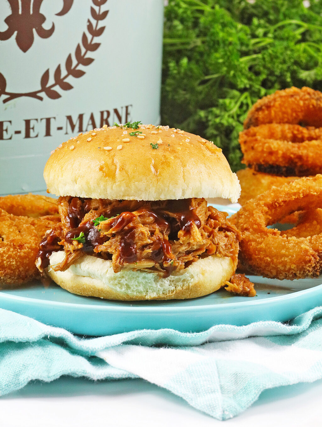 dr. pepper pulled pork on bun with onion rings
