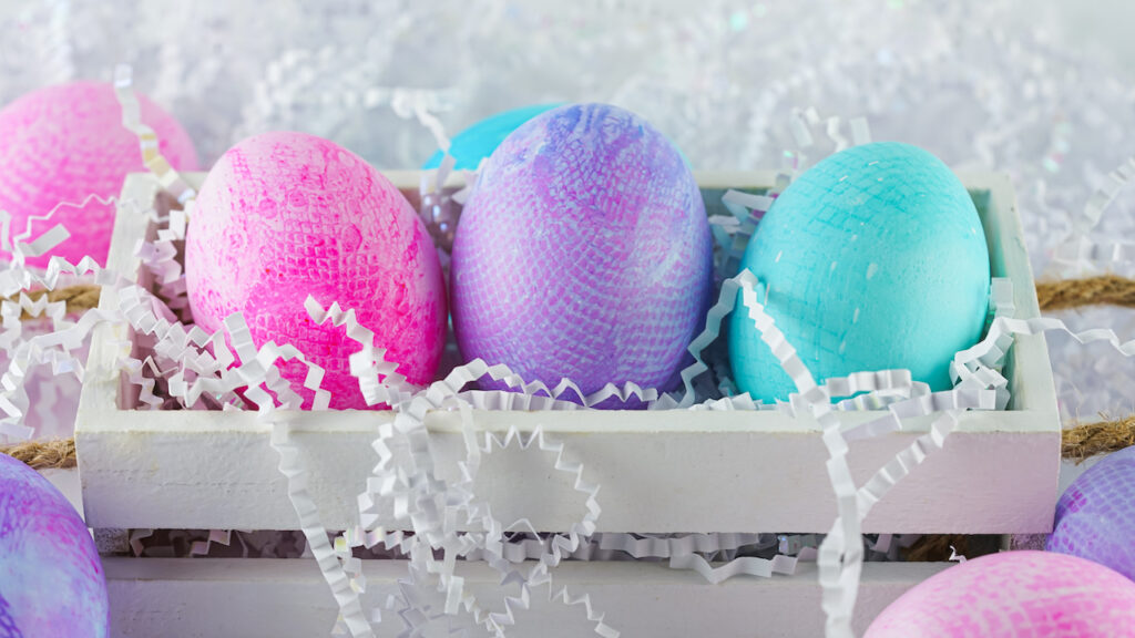 fabric dyed easter eggs in white box