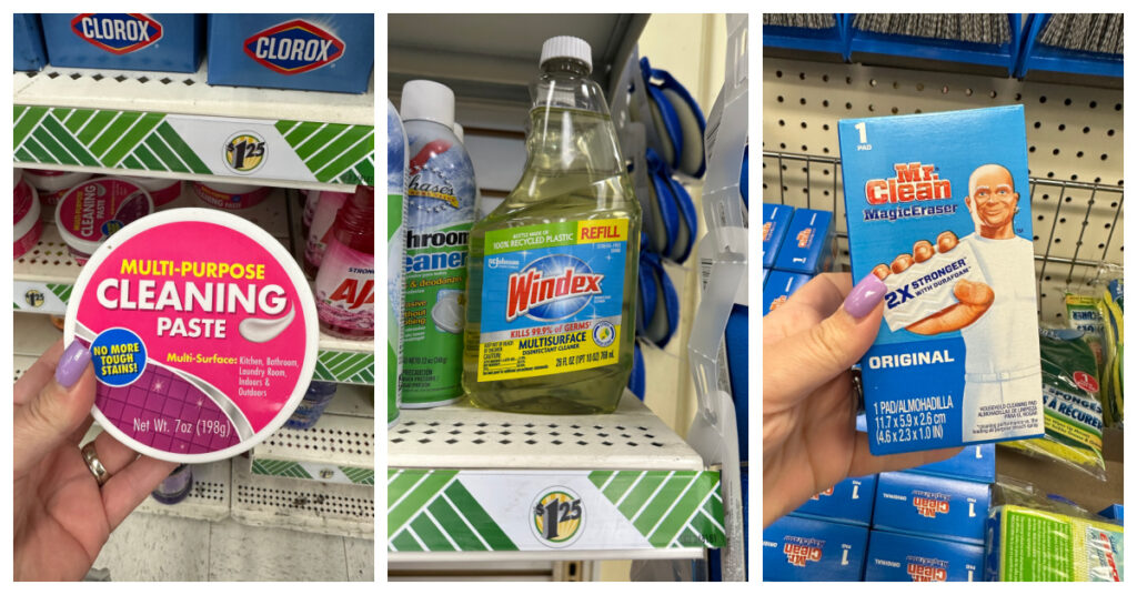 collage of dollar tree spring cleaning supplies