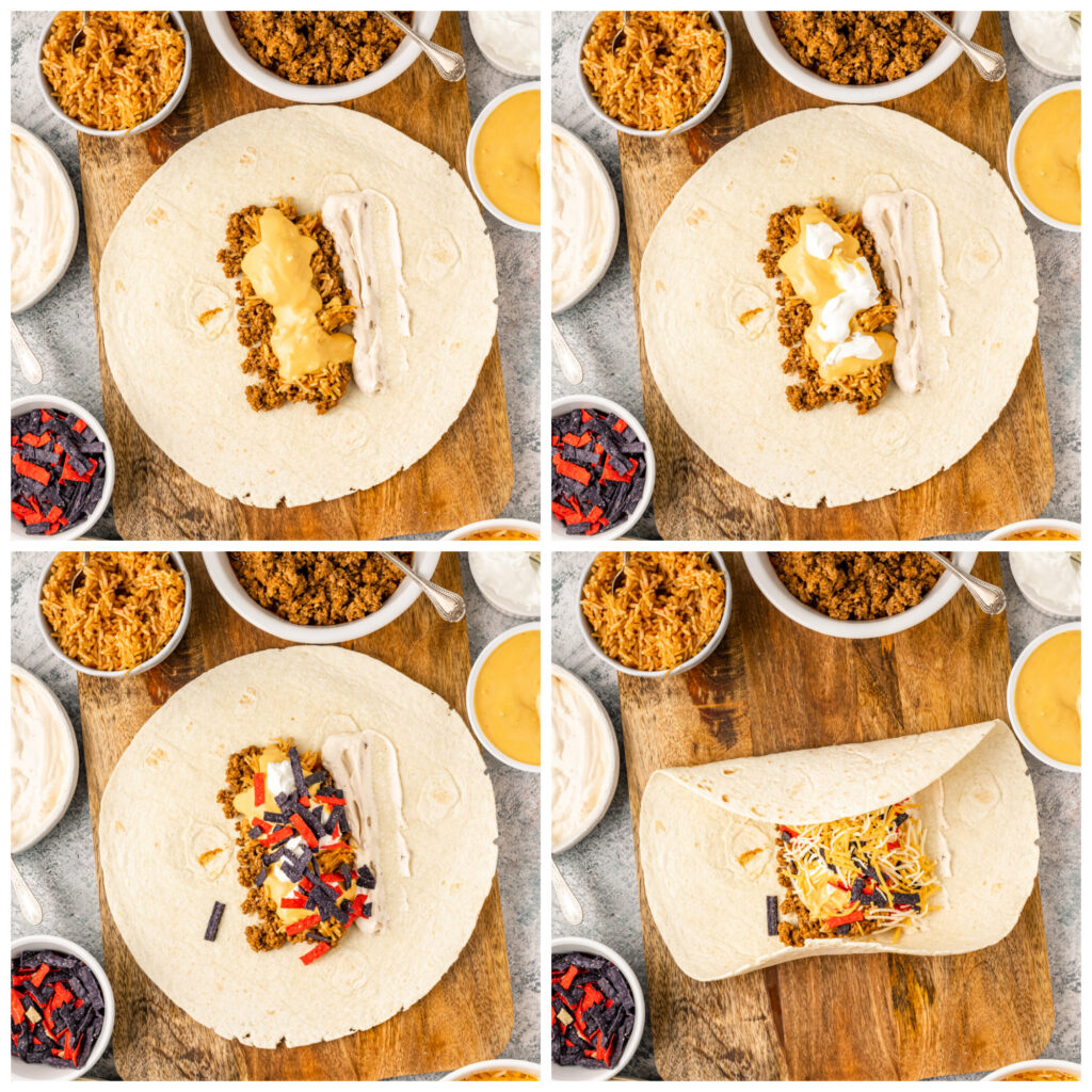 collage of steps on how to make a copycat taco bell grilled cheese burrito at home
