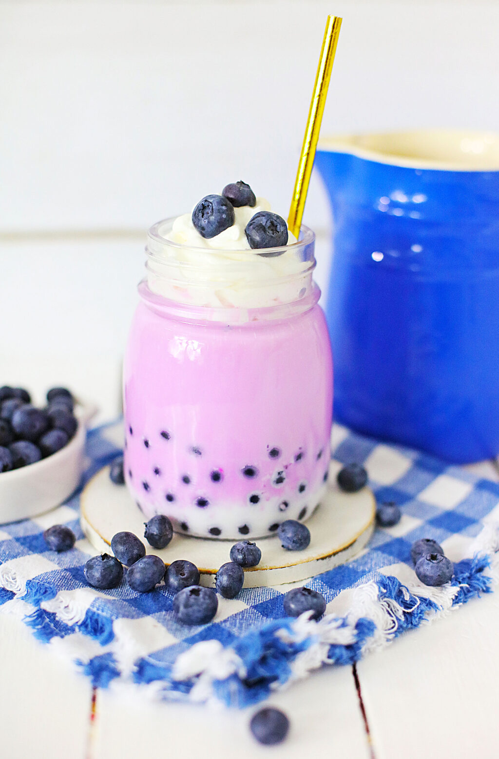 blueberry milk tea in tall glass