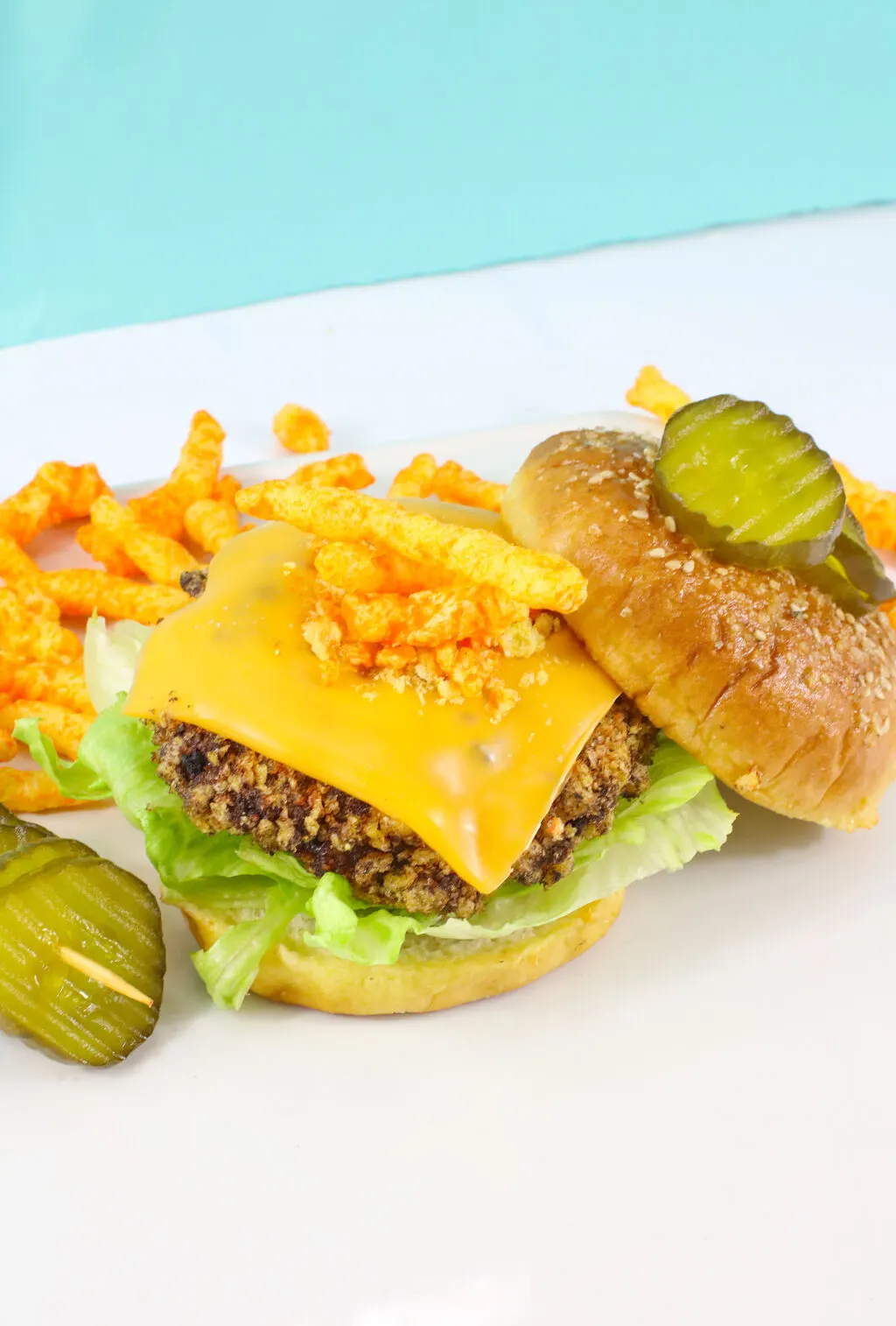 cheeseburger open with cheetos on top