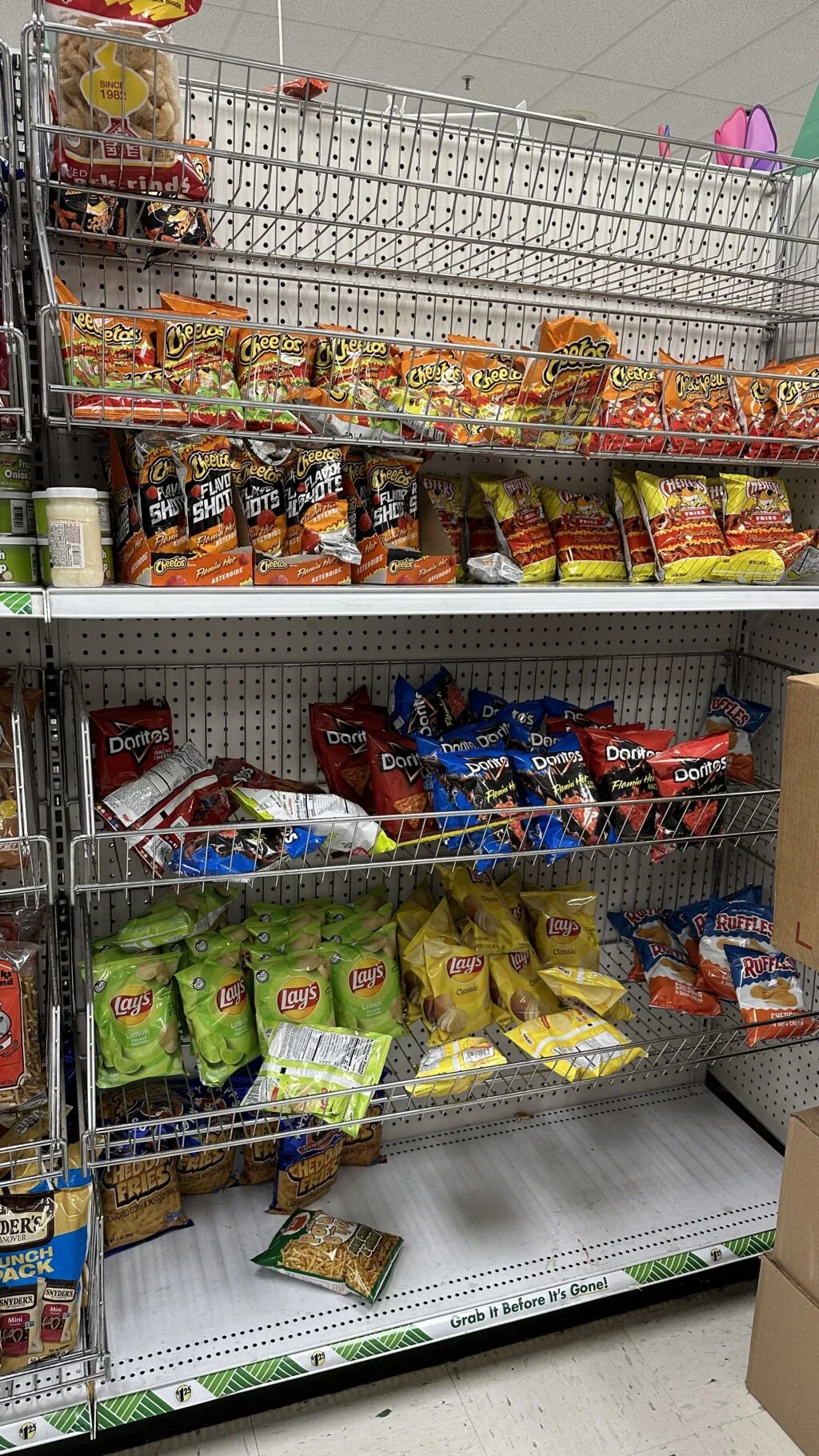 chips on shelving at dollar tree