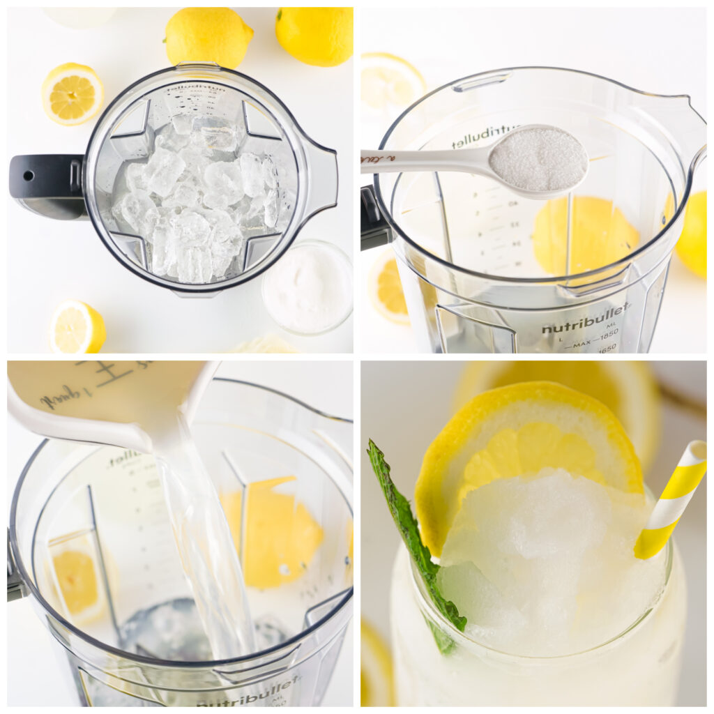 collage of steps to make a homemade lemonade slushie