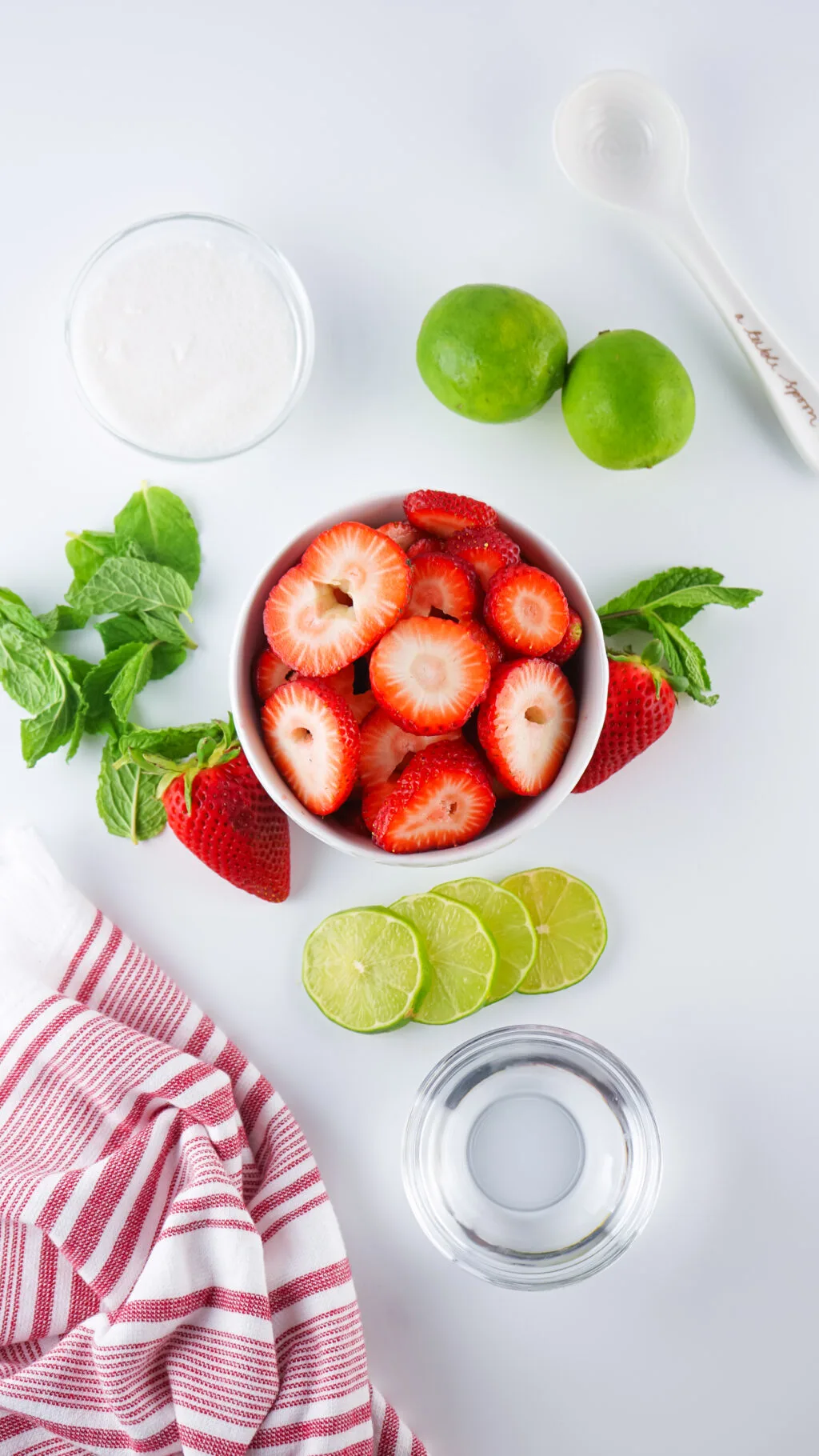 strawberry agua fresca ingredients on white table