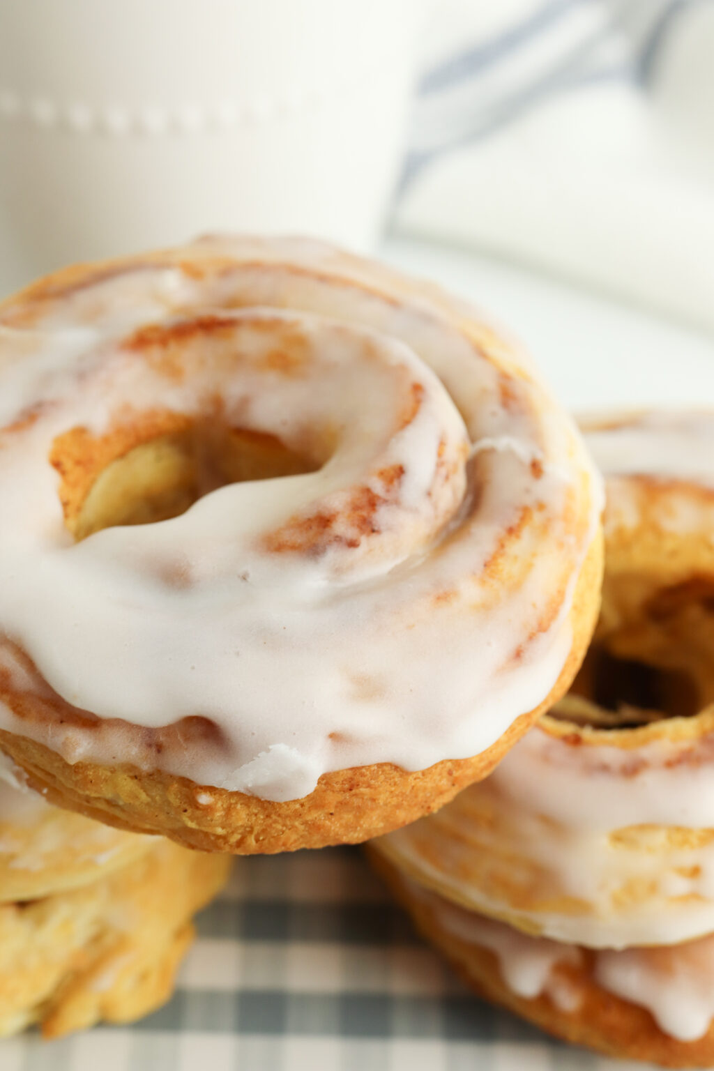 up close view of a cinnamon roll donut