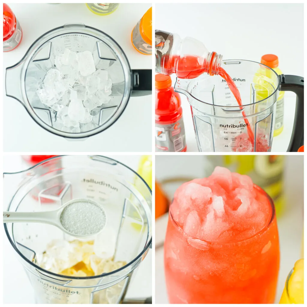collage of step by step for making gatorade slushie (sticking ingredients into a blender)