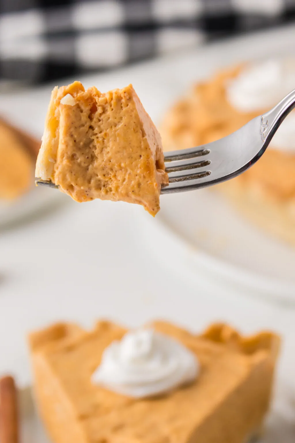 bite of no bake pumpkin pie on fork