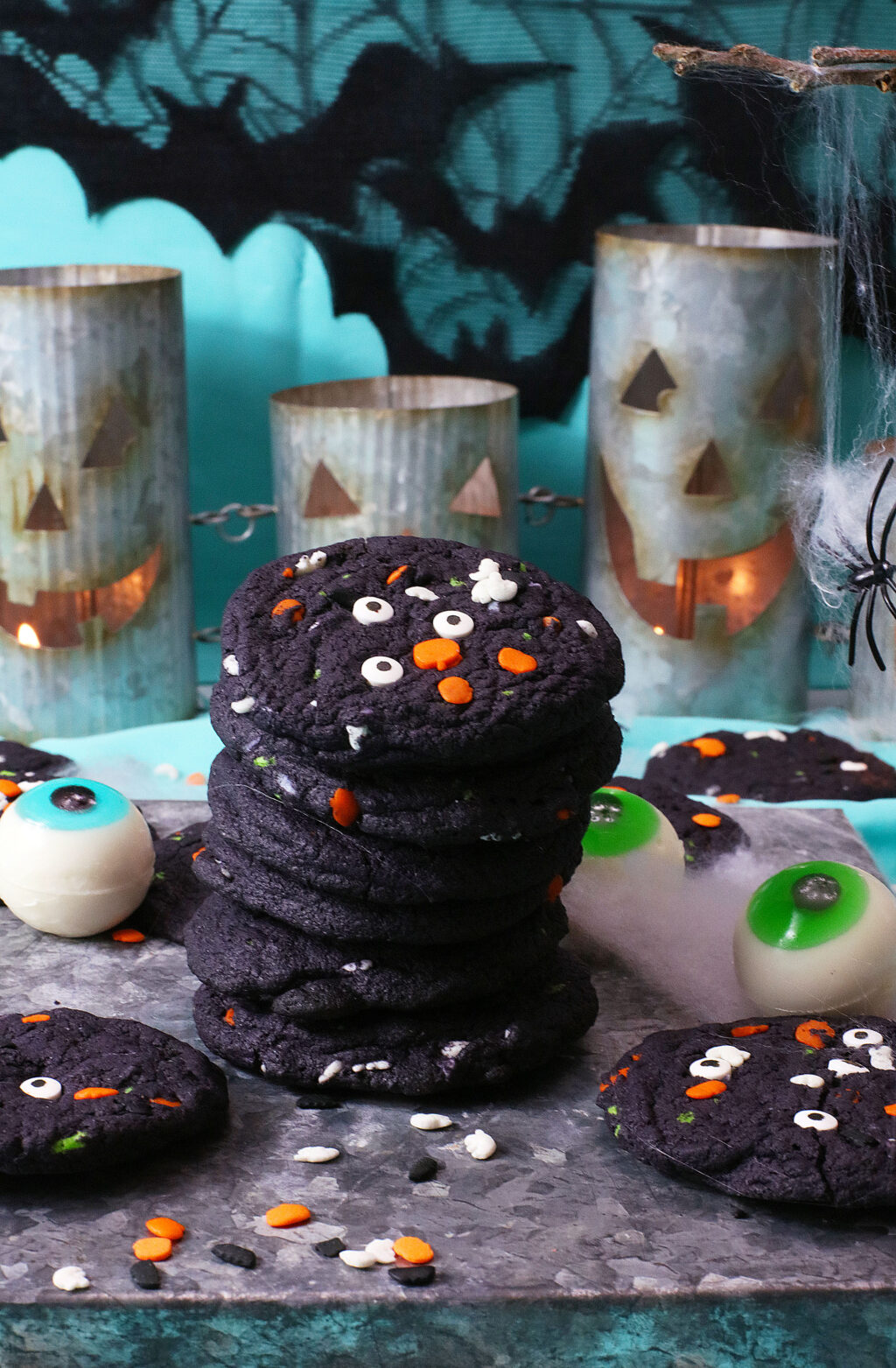 monster mash cookies stacked on table