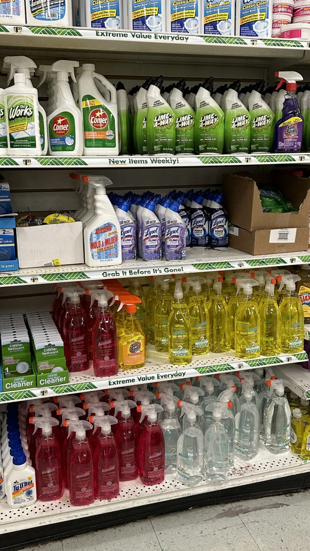 shelf of cleaning supplies at dollar tree