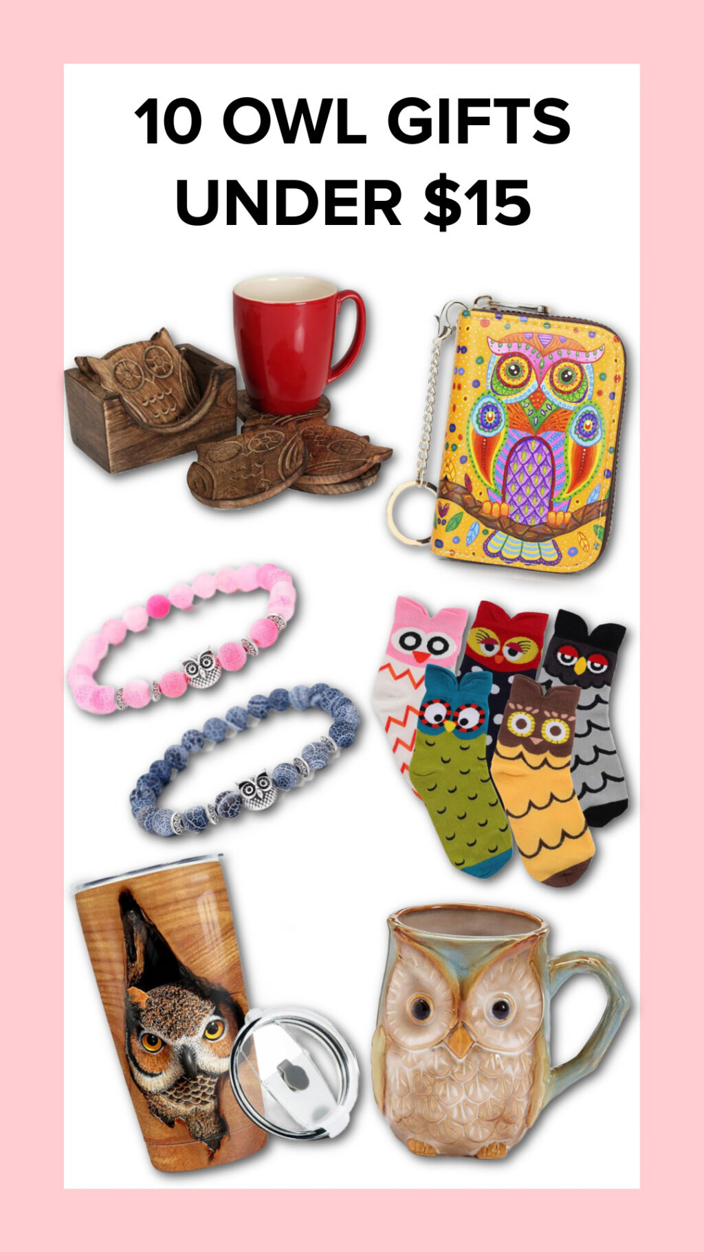 collage of 10 owl gifts under $15