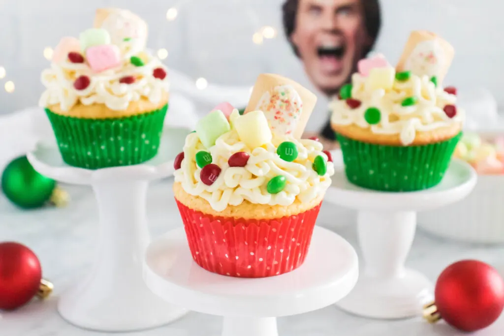 buddy the elf cupcakes on cupcake stands