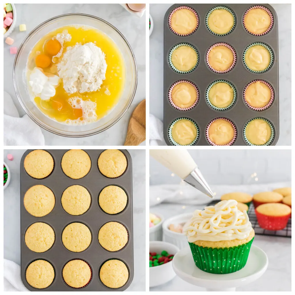 collage of steps to make buddy the elf cupcakes