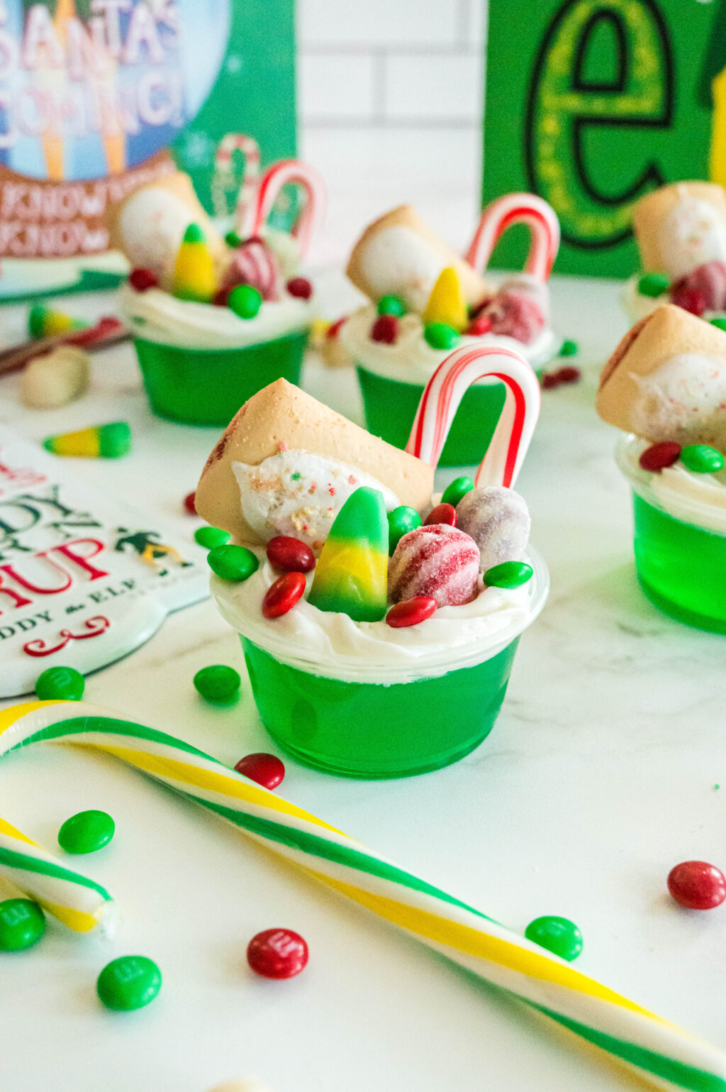 buddy the elf jello shots on white marble table