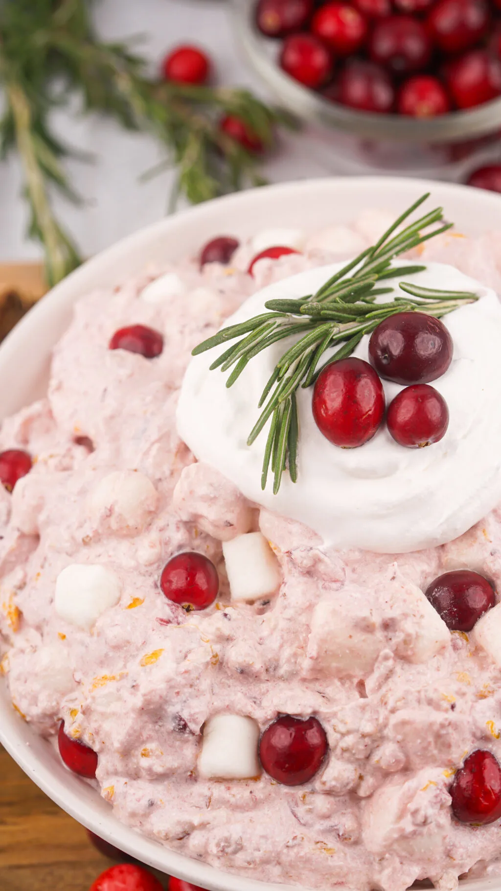 up close view of a large bowl of cranberry fluff salad