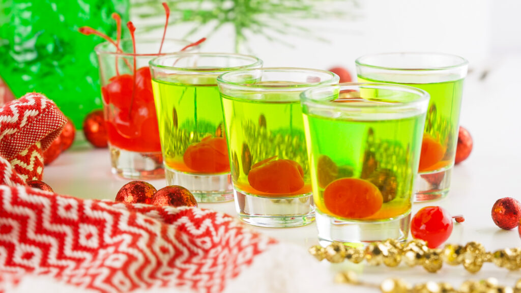 grinch shots on table and ready for drinking