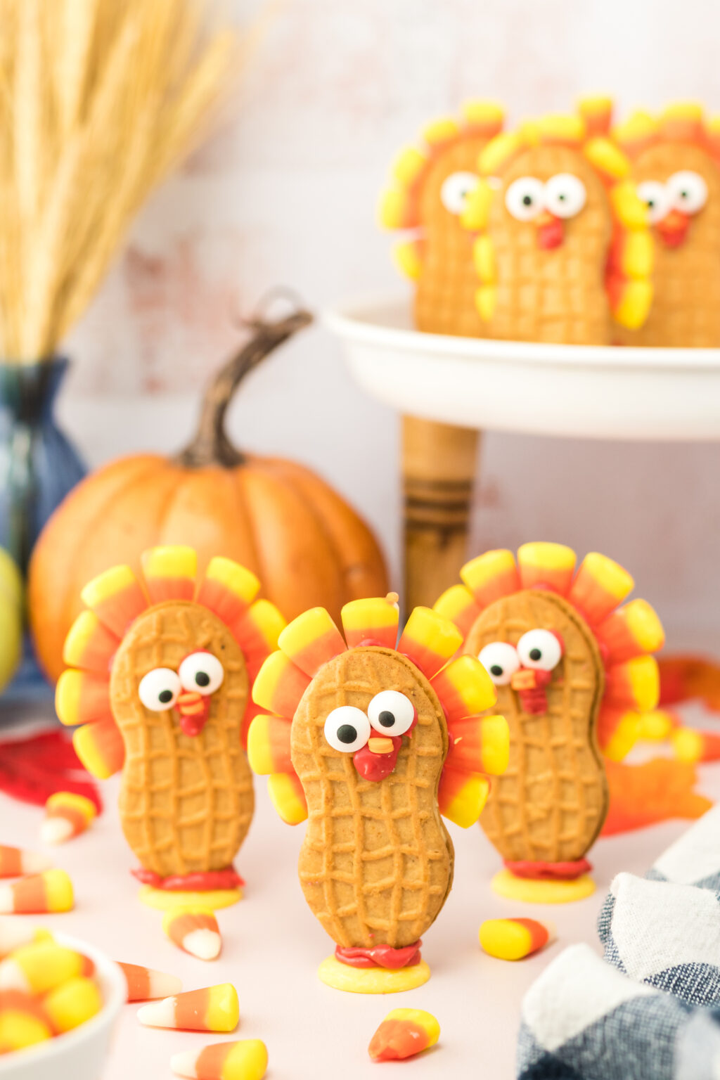 nutter butter turkey cookies on a thanksgiving table