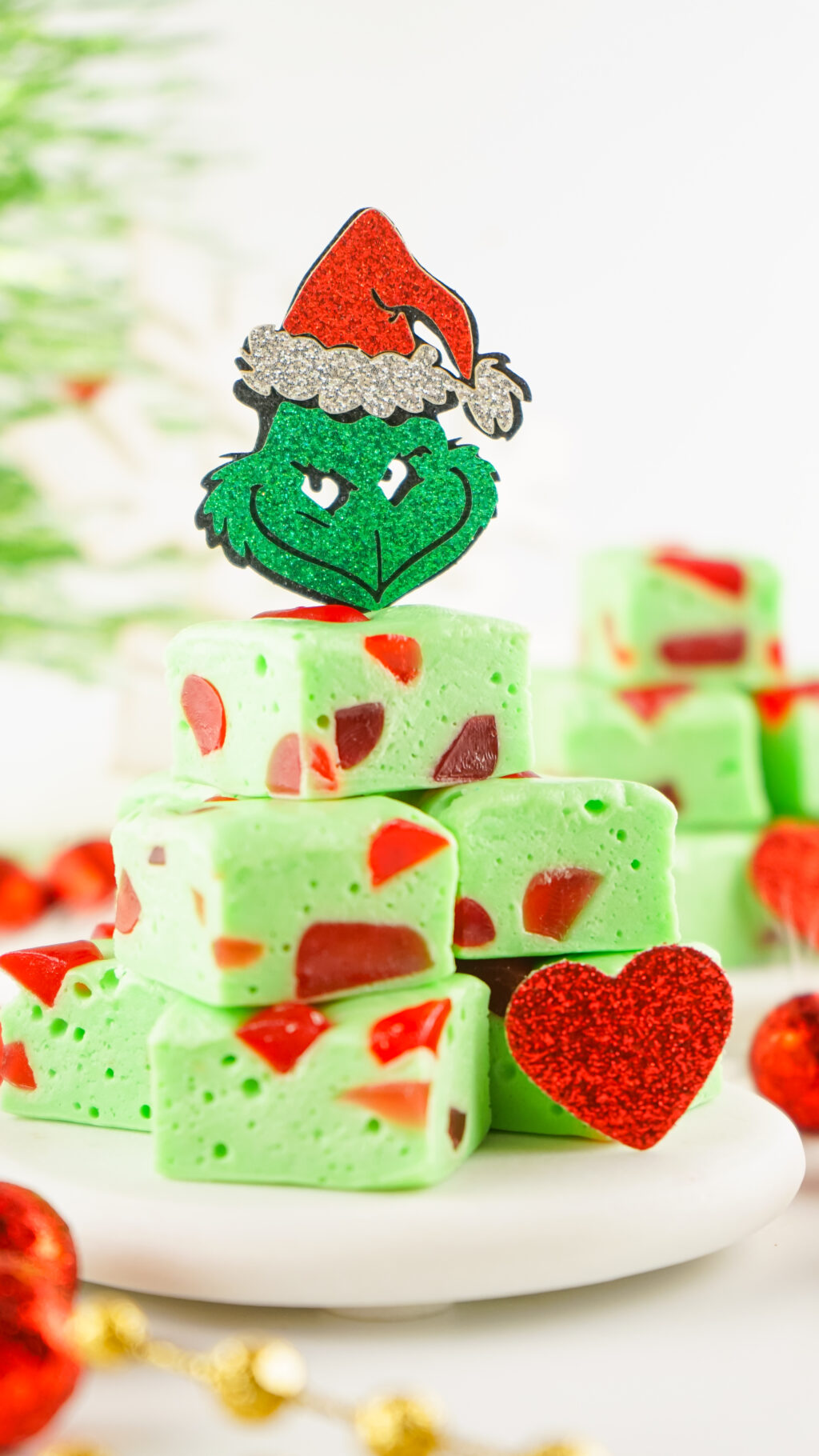 grinch christmas nougat candy on serving plate