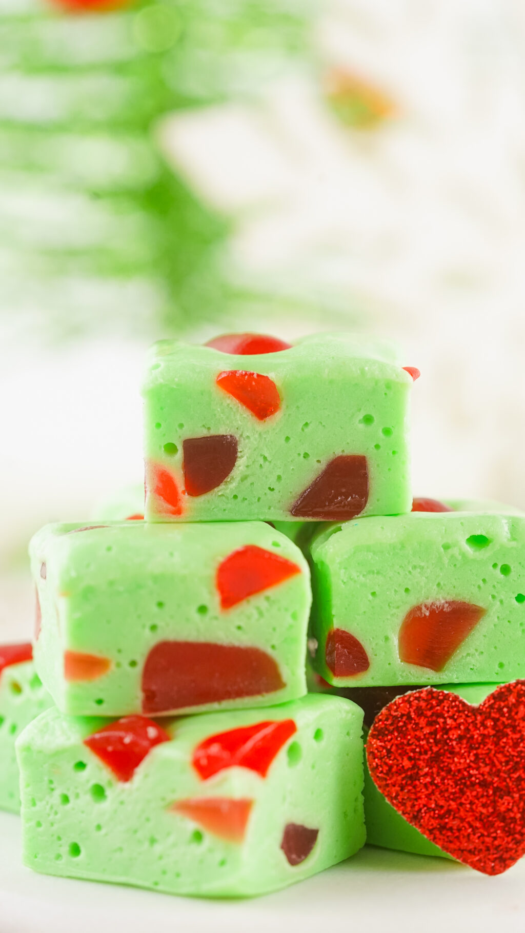 up close of grinch christmas nougat candy on table