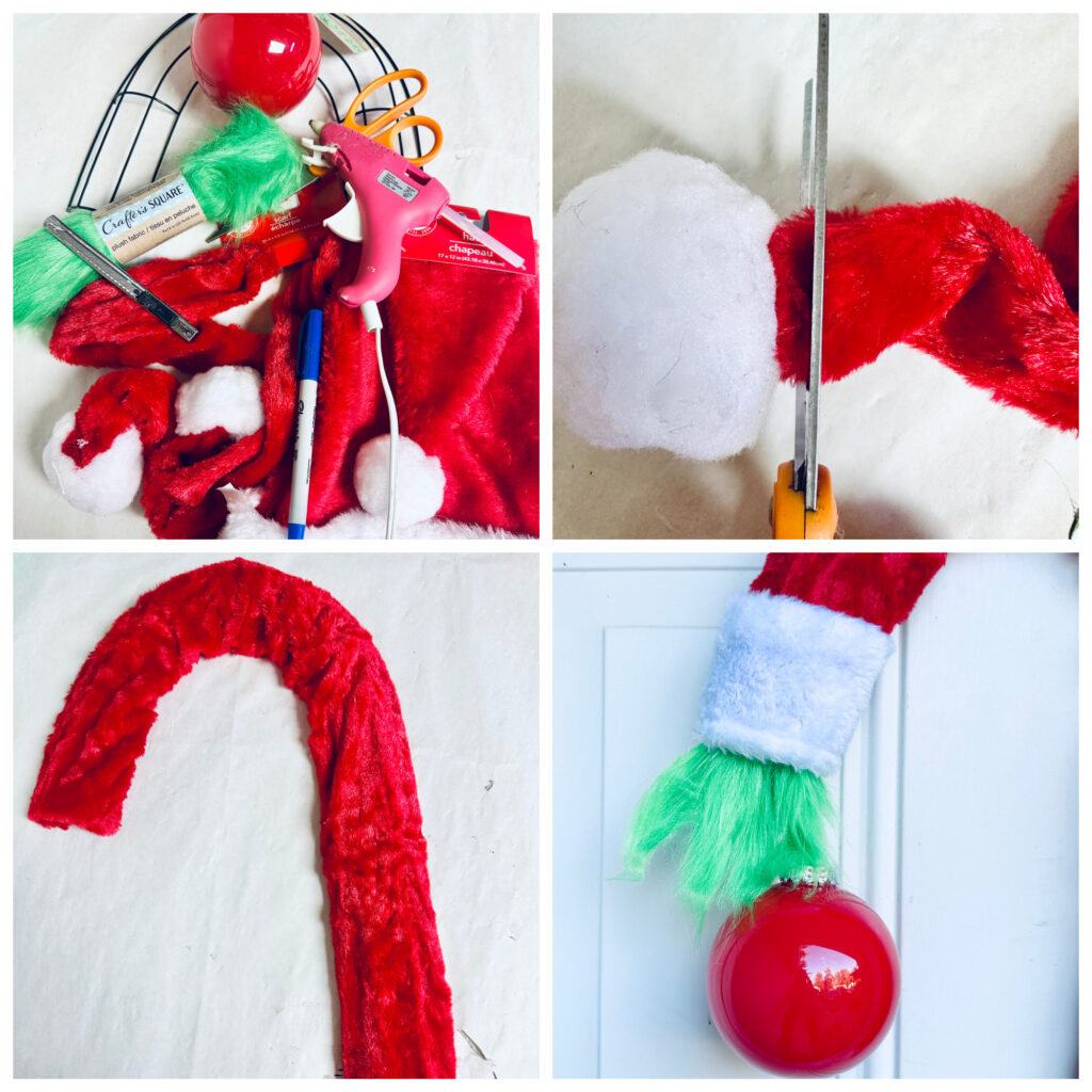 collage showing steps to make a dollar tree grinch wreath