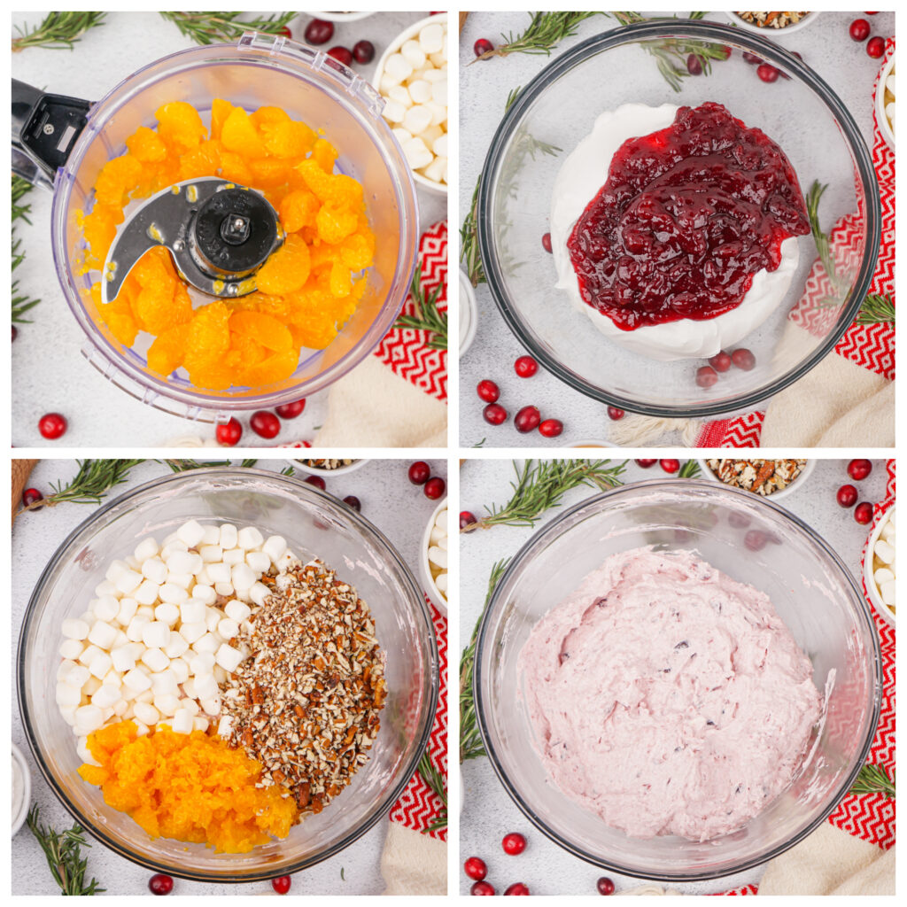 collage of images showing step-by-step instructions for making cranberry fluff salad