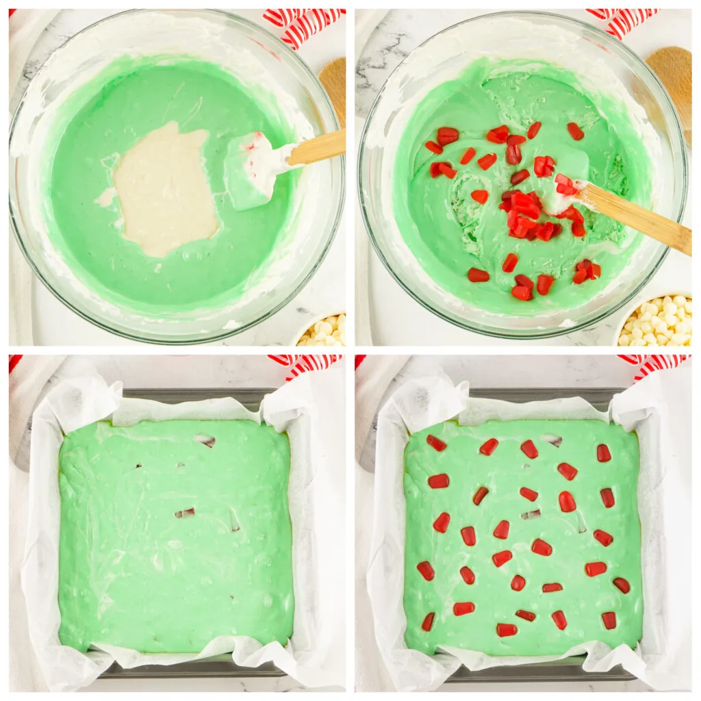 collage showing steps on how to make grinch christmas nougat candy