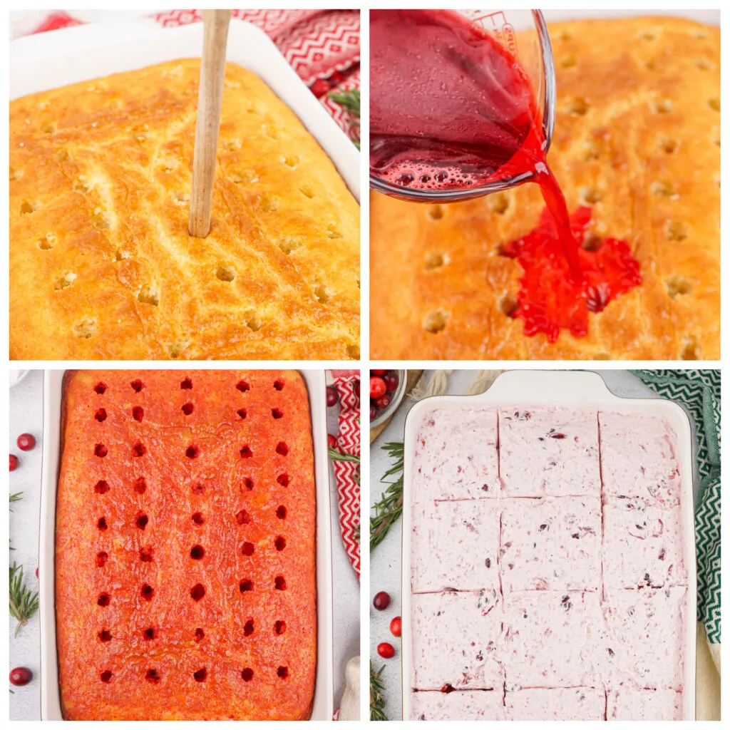 step-by-step process of how to make a cranberry poke cake