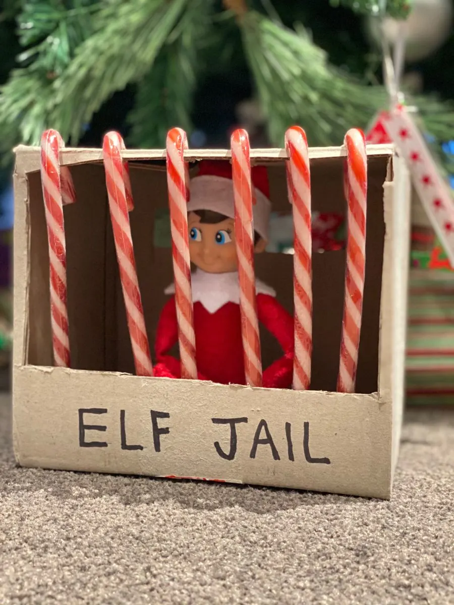 elf in elf jail with candy canes