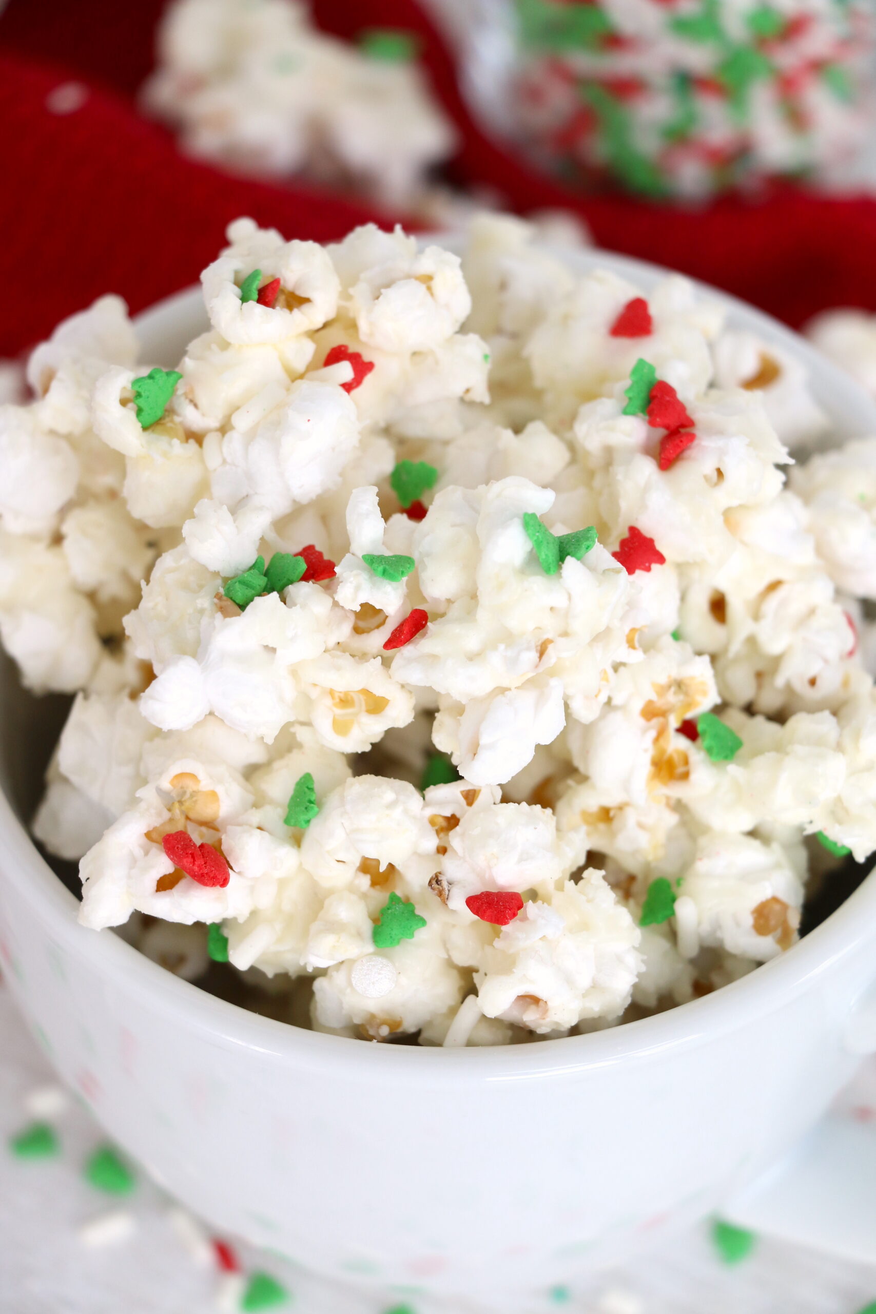 up close view of bowl of christmas popcorn