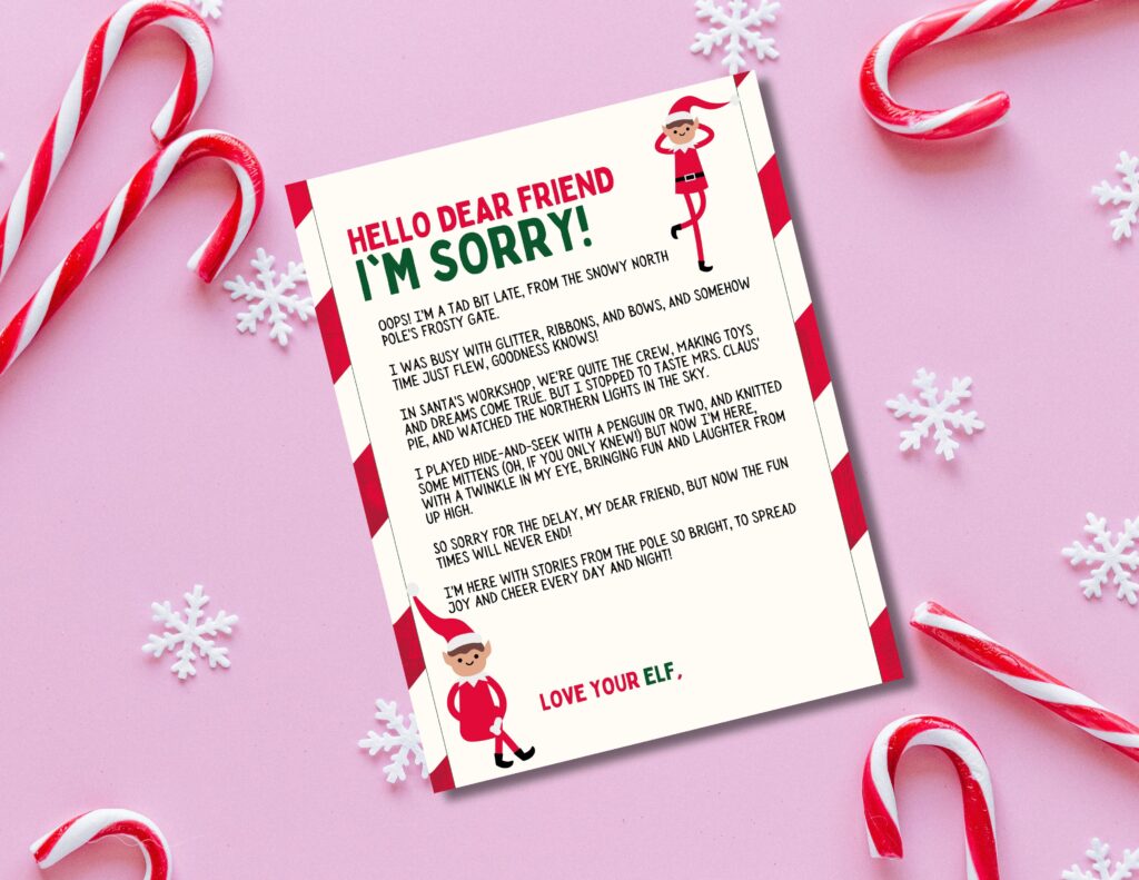 free printable elf late arrival letter