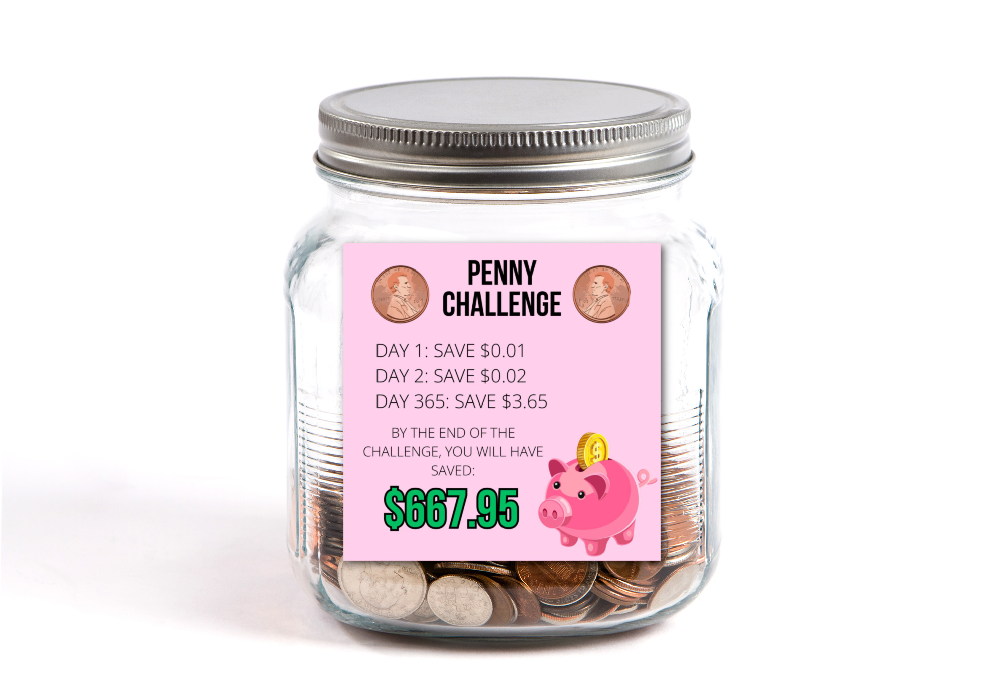 penny challenge jar with printable label on front