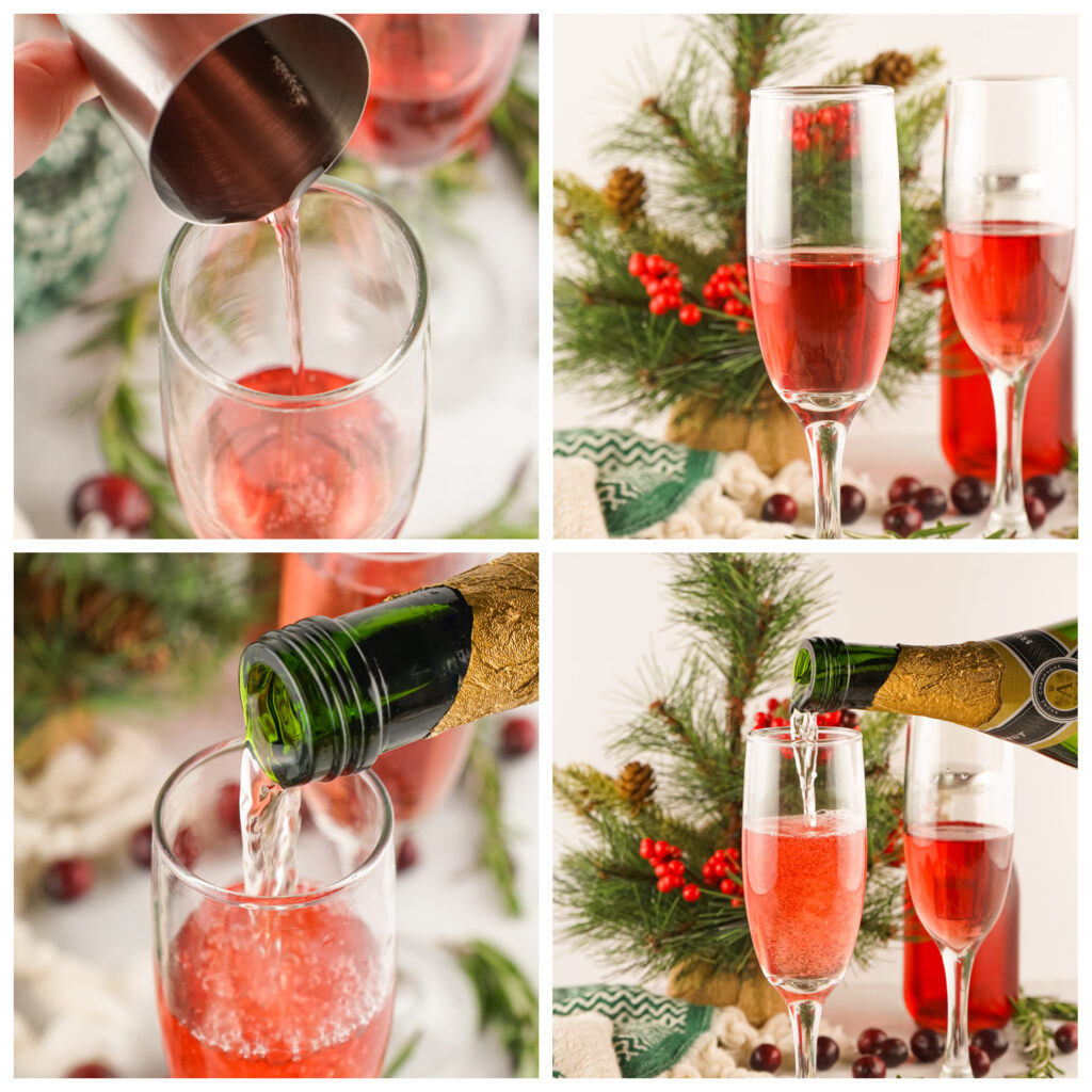 collage showing step-by-step on how to make christmas mimosas