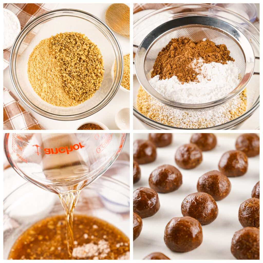 collage of images showing step-by-step on how to make homemade rum balls
