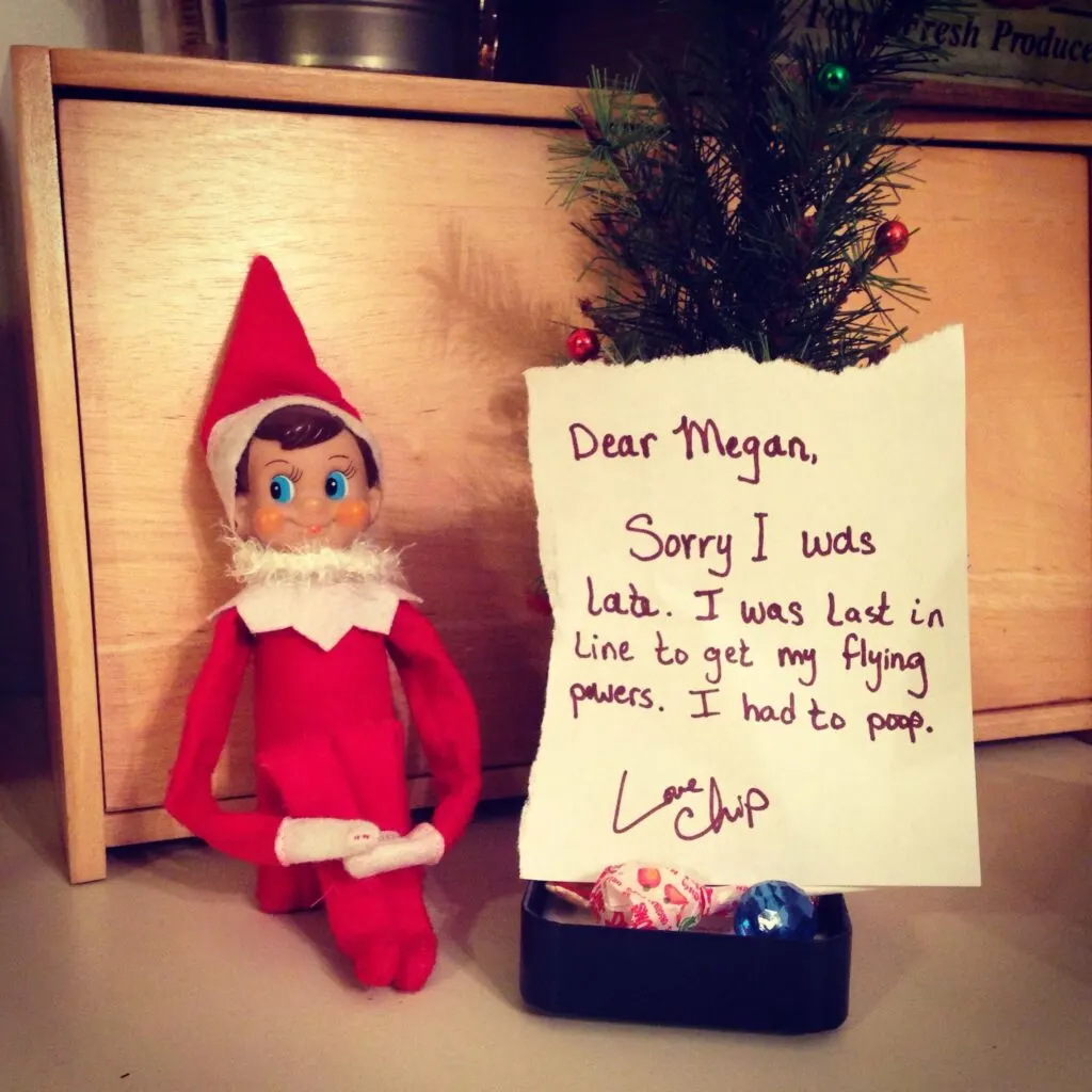 elf with sorry note for being late