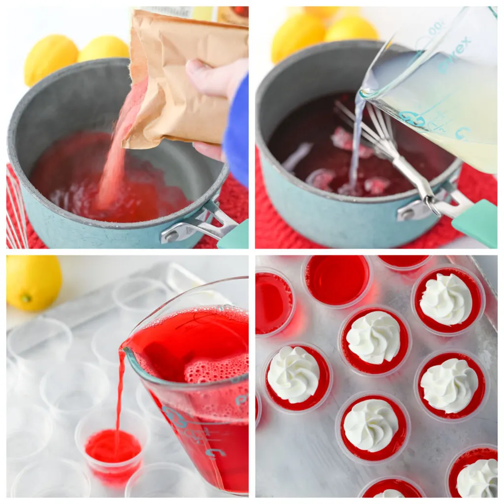 collage of step by step how to make raspberry lemonade jello shots
