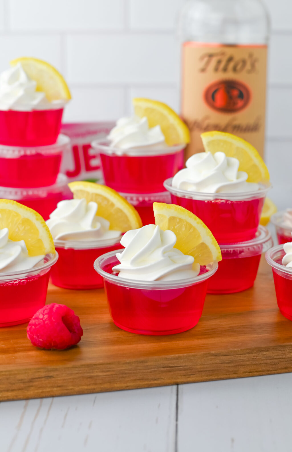 raspberry lemonade jello shots on table