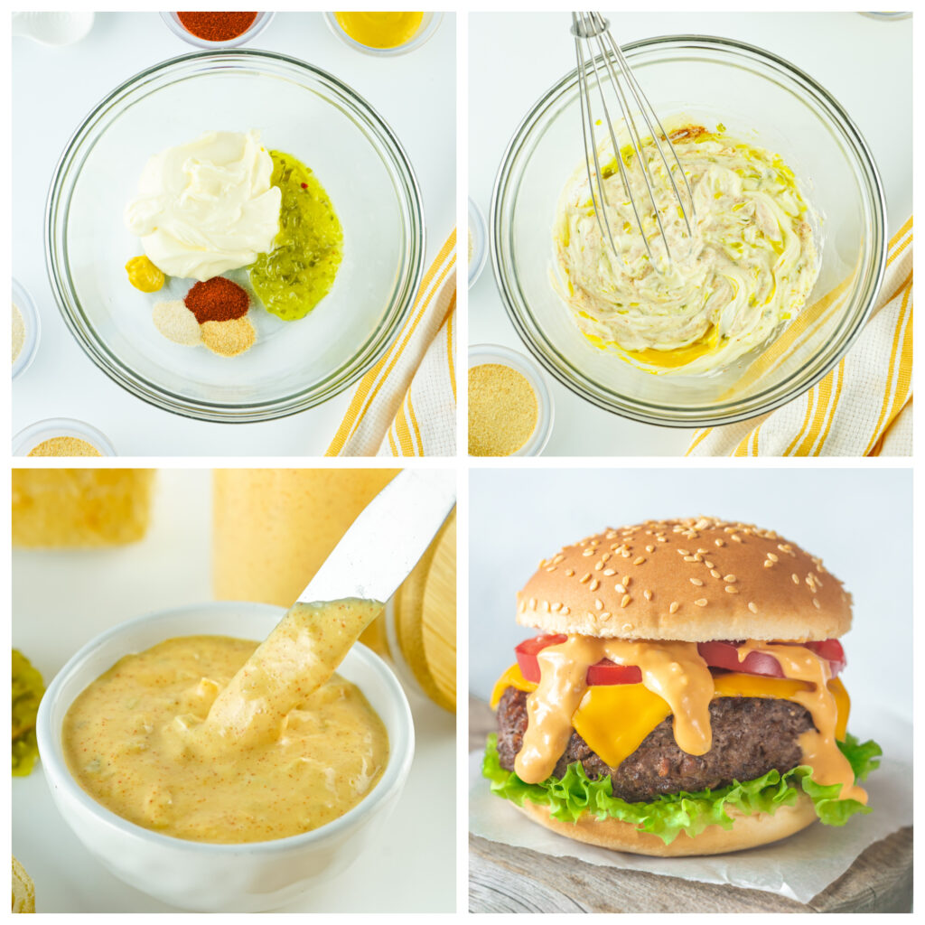 collage showing step by step how to make big mac sauce copycat recipe