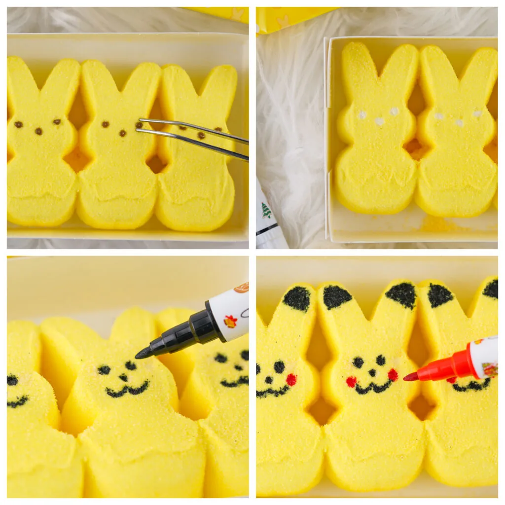 collage showing steps on how to make pikachu peeps