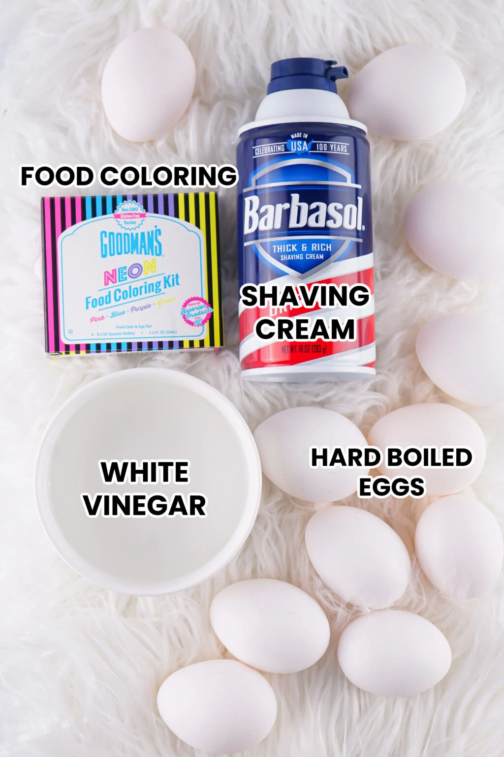 shaving cream easter egg ingredients on white fur napkin